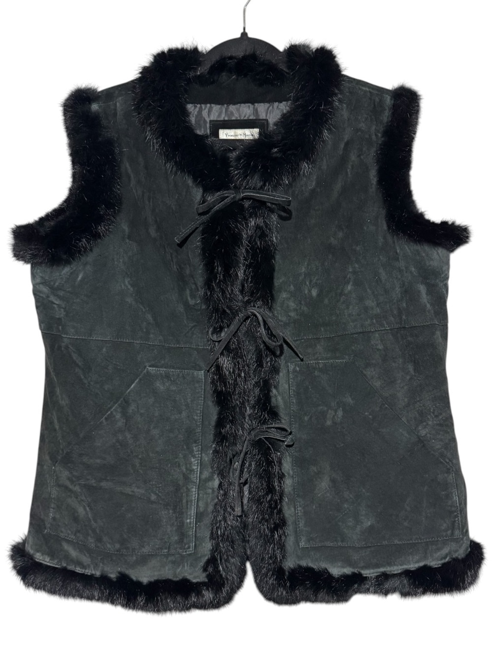 Yvonne Marie Leather Suede Rabbit Fir Vest Size 12 Black Fall Winter Mobwife